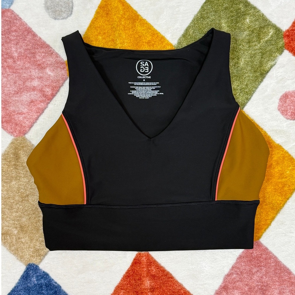 Sage Collective Womens Black Gold Yellow‎ Colorblock V-Neck Sports Bra Medium